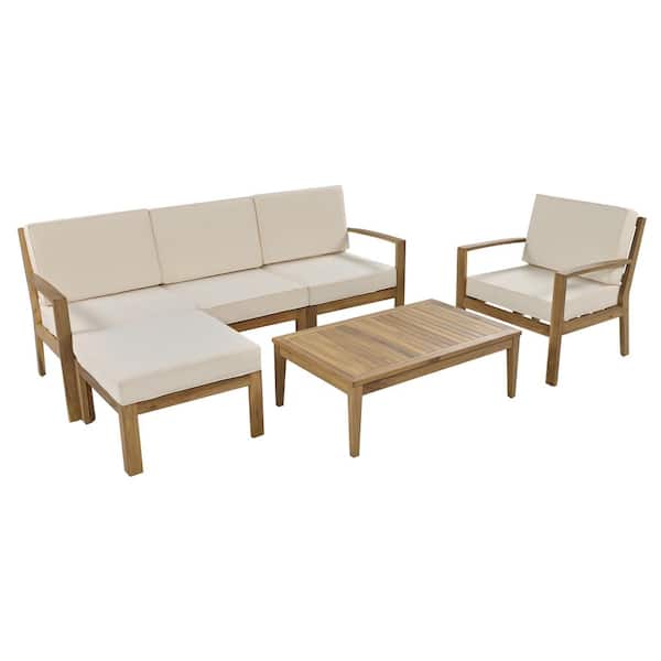Zeus & Ruta Natural Acacia Wood 6-Pieces Outdoor Patio Sectional Sofa Set with Beige Cushions and 1-Coffee Table
