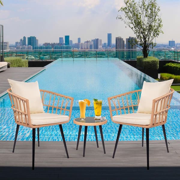 moda furnishings 3-Piece Wicker Round Outdoor Bistro Set with Beige Cushions