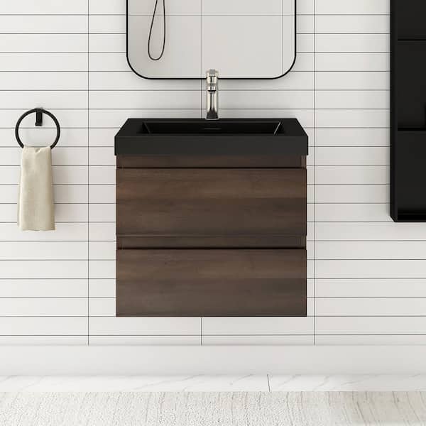 Staykiwi 23.7 in. W x 19.7 in. D x 22.5 in. H Single Sink Wall Mounted Bath Vanity in Grey Oak with Matte Black Quartz Sand Top
