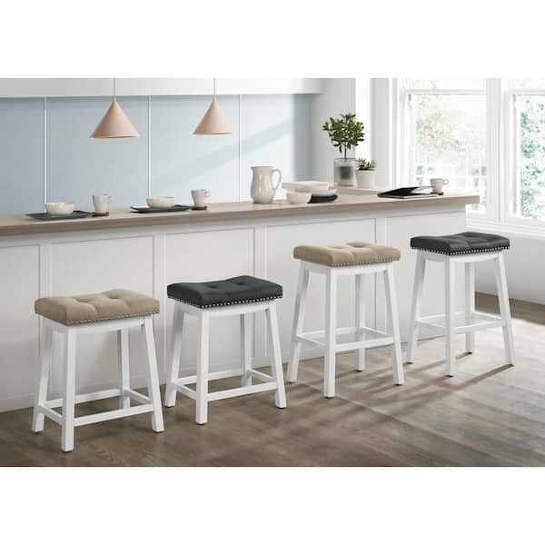 Barstow 29 in. White Bar Stools with Dark Gray Faux Leather Cushion (Set of 2)