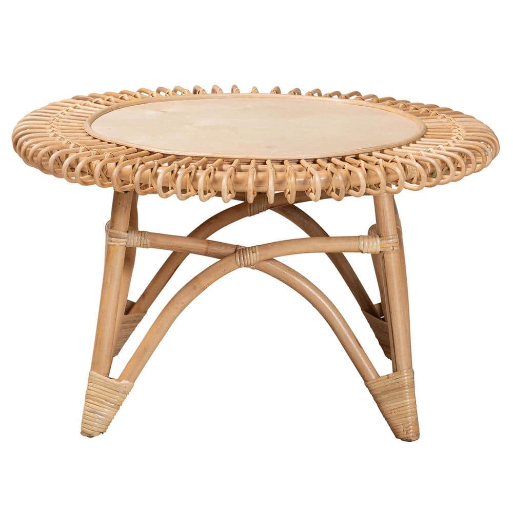Elani 31" Natural Brown Round Rattan and Wood Coffee Table