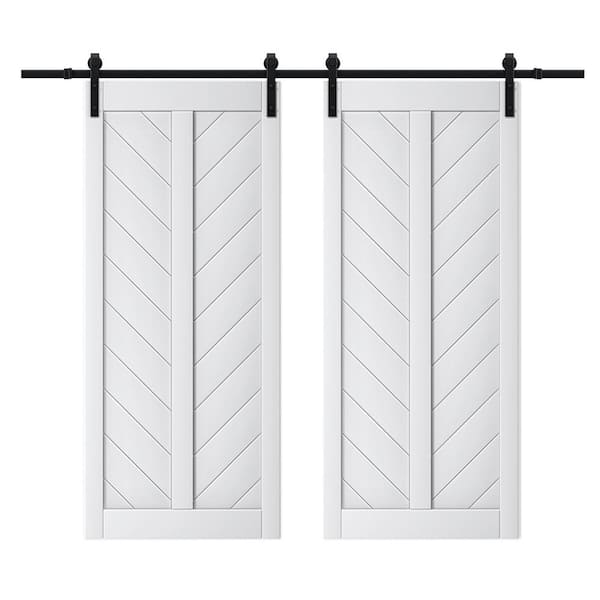 ARK DESIGN 72 in. x 84 in. Paneled V Shape MDF White Prefinished Double Sliding Barn Door Slab with Hardware Kit