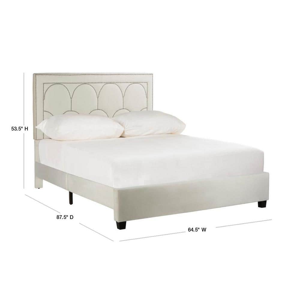 Transitional Queen Platform Bed with Plush Cream Velvet Upholstery
