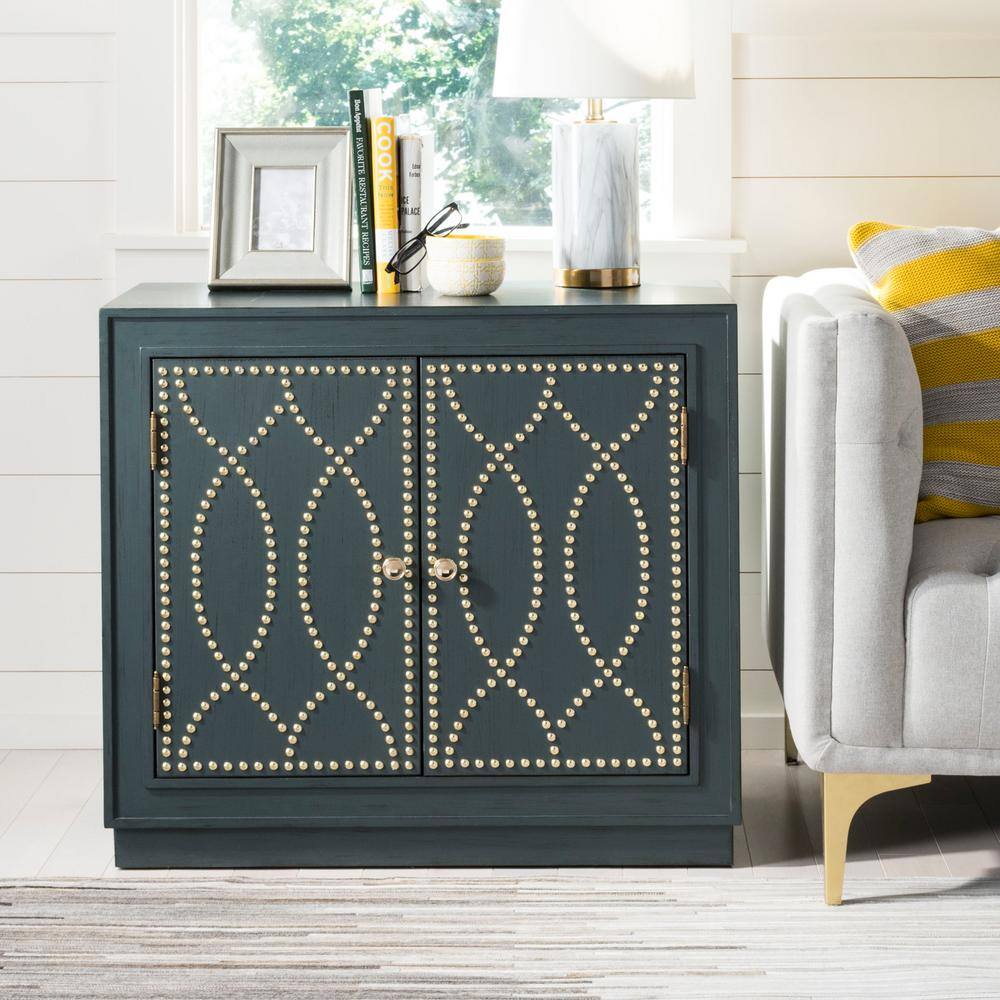Steel Teal and Gold 2-Door Accent Cabinet with Mirror Panels