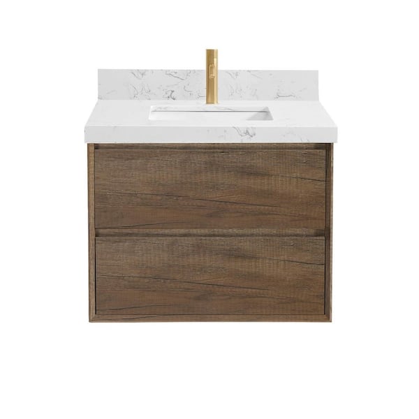 Bessdore 30 in. Single Sink Floating Vintage Oak Brown Bath Vanity with White Engineered Stone Top