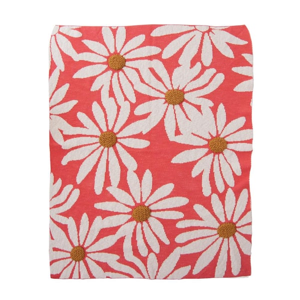 Natural, Coral and Mustard Color Flower Print Cotton Knit Baby Blanket
