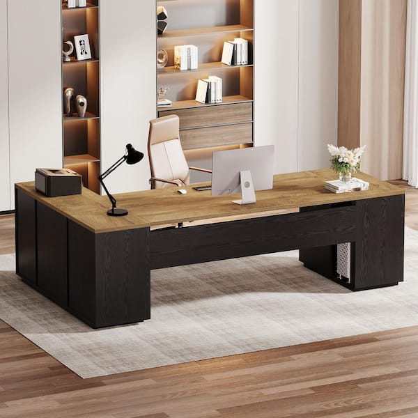 Capen 86in. Natural&Black Super Spacious L-Shaped Executive Desk, Business Professional Desk with Drawers and Cabinet