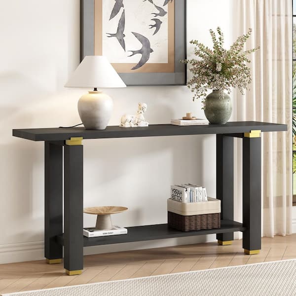 63 in. Black Rectangle Pine Wood Console Table with Metal Accents and Built-in Shelf