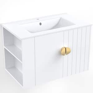 30 in. W Single Sink Floating Bath Vanity in White with Ceramic Top Unassembled, Two Doors and Left Open Shelves