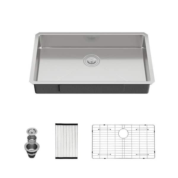 30 in. Undermount ADA Sink Single Bowl 16 Gauge Brushed Stainless Steel Kitchen Sink with Bottom Grid