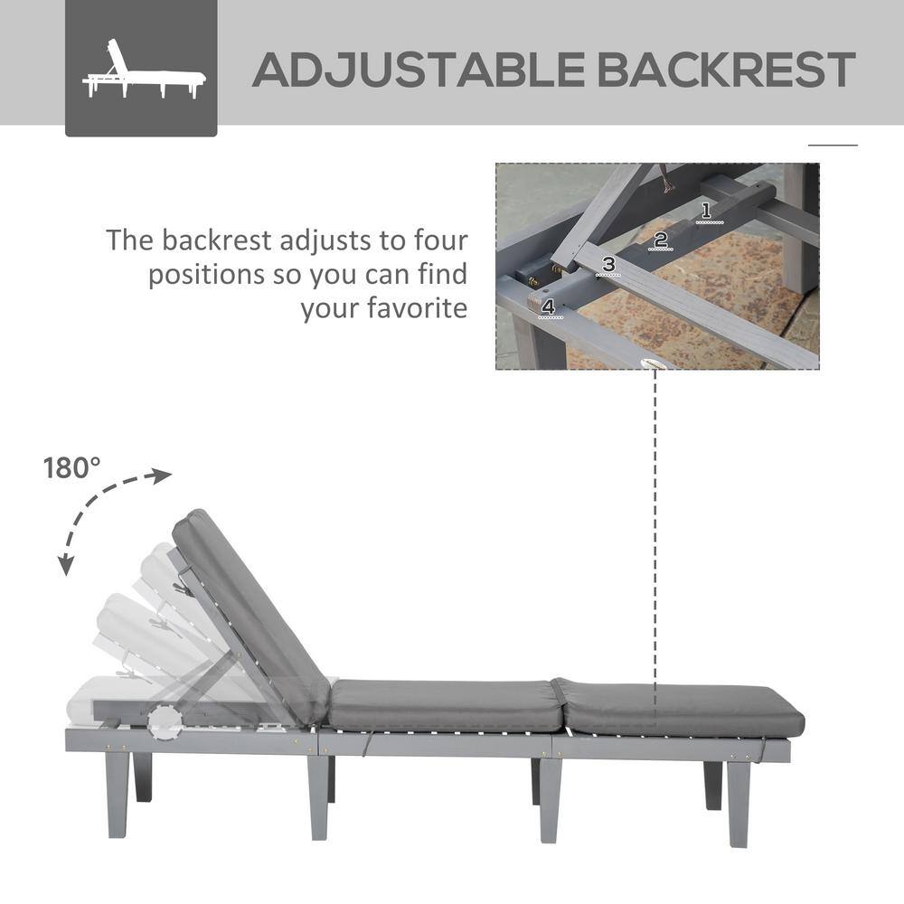 Gray Wood Outdoor Chaise Lounge with Adjustable Backrest and Cushions