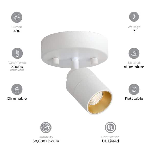 Shura Matte White Adjustable Spot Light, Integrated LED Bulb, Fixed Track Cylinder Spotlight, 3000k, 490 Lumens