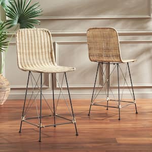 Minerva 37.4 in. H Light Natural/Black Metal Bar Stool with Rattan Seat Set of 2