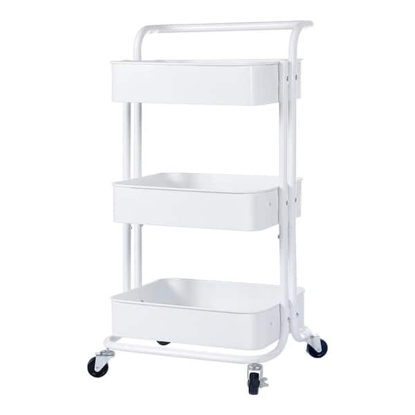 Huluwat 3-Tier Metal Storage Rolling Utility Cart with Wheels and Handle in White