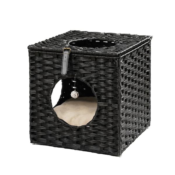 maocao hoom Rattan Cat Litter, Cat Bed with Rattan Ball and Cushion in Black