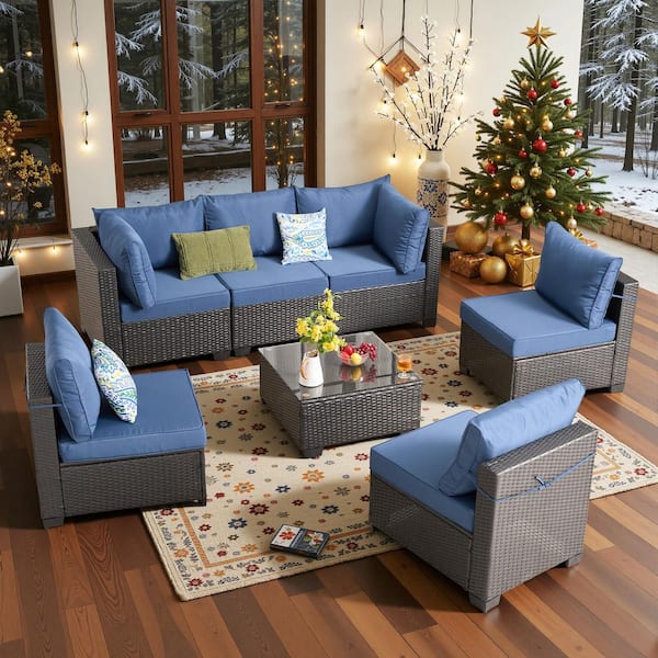 Proteus 7-Piece 6-Seat Wicker Modern Outdoor Patio Conversation Sectional Sofa Set with Dark Blue Cushions