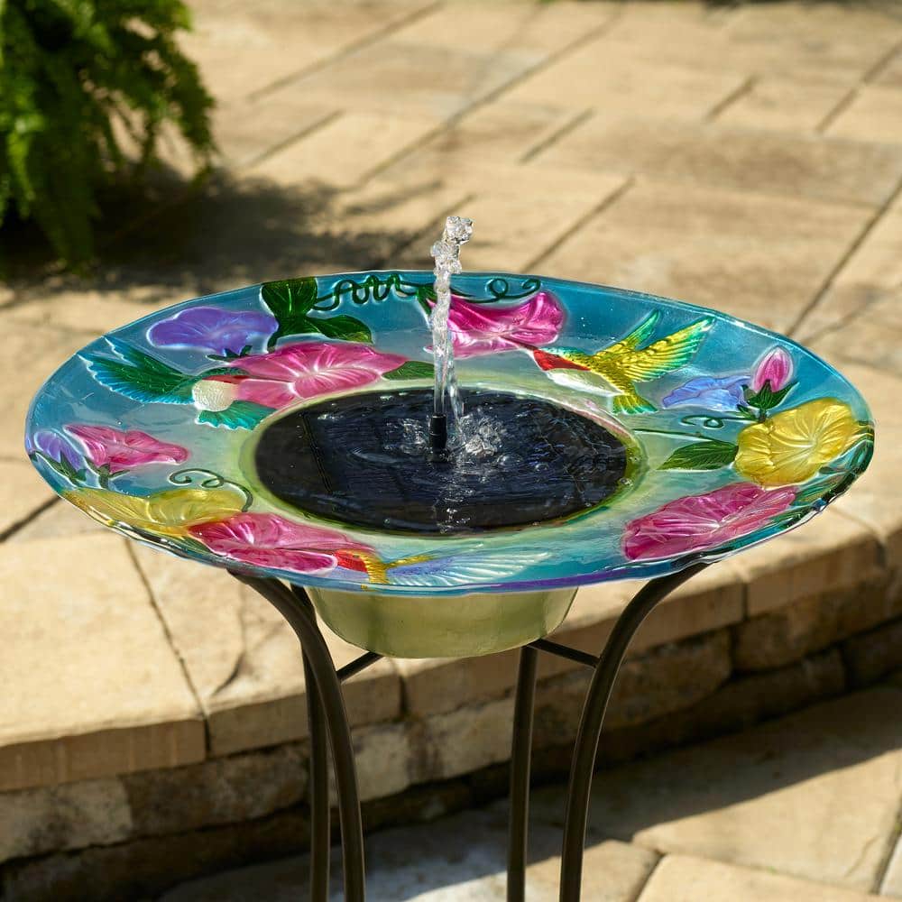 Hummingbird Hand-Painted Glass Solar Birdbath with Steel Stand
