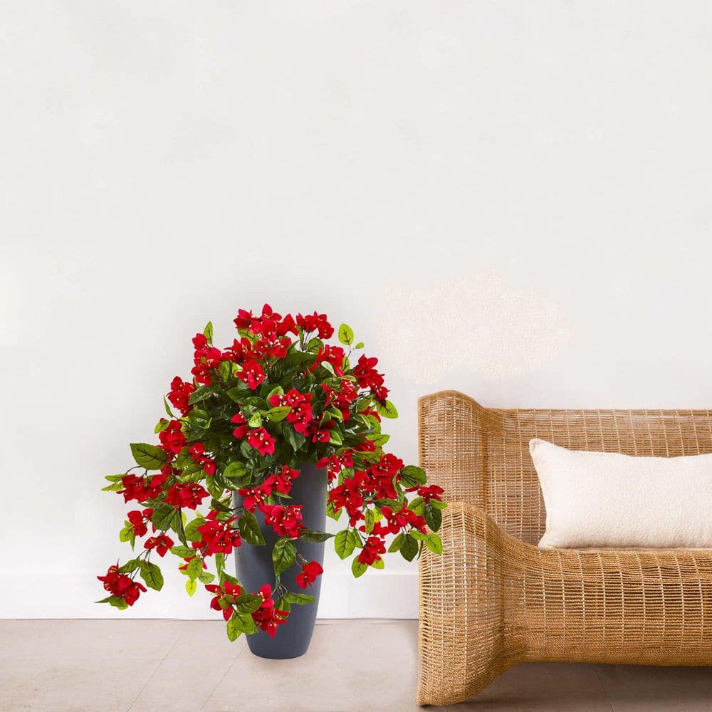 26-inch Red Bougainvillea Artificial Plant in Gray Clay Planter
