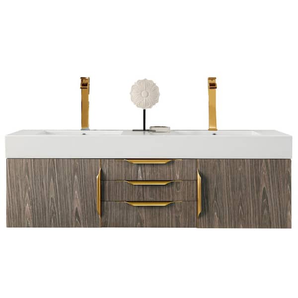 James Martin Vanities Columbia 59.0 in. W x 19.5 in. D x 19.3 in. H Double Bath Vanity in Ash Gray with Glossy White Composite Top