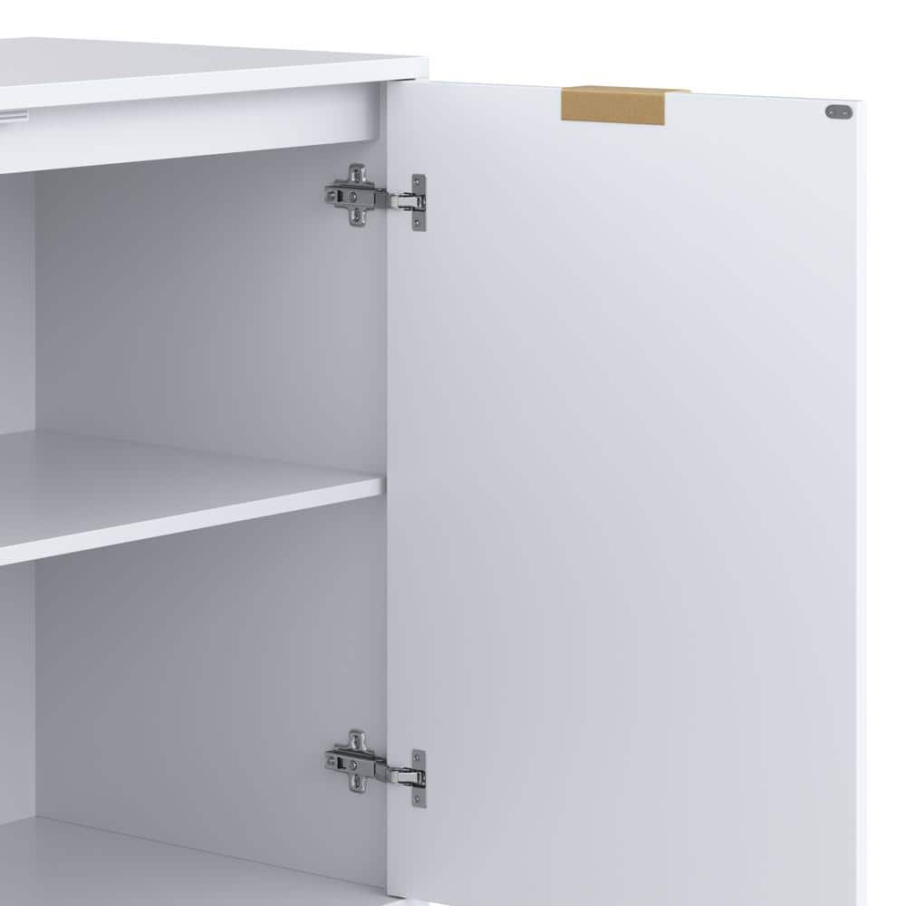 White and Brown Herringbone Freestanding Accent Cabinet with Adjustable Shelving