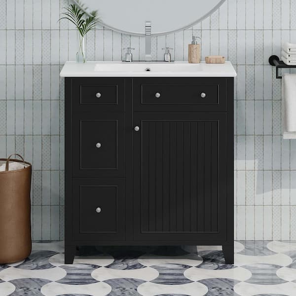 30 in. W Freestanding Bathroom Vanity in Black with White Ceramic Basin, Double-Layer Drawer and Adjustable Shelf
