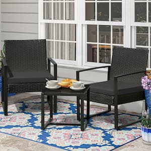 Black 3-Piece Patio Sets Steel Outdoor Wicker Patio Furniture Sets Outdoor Bistro Set with Black Cushion
