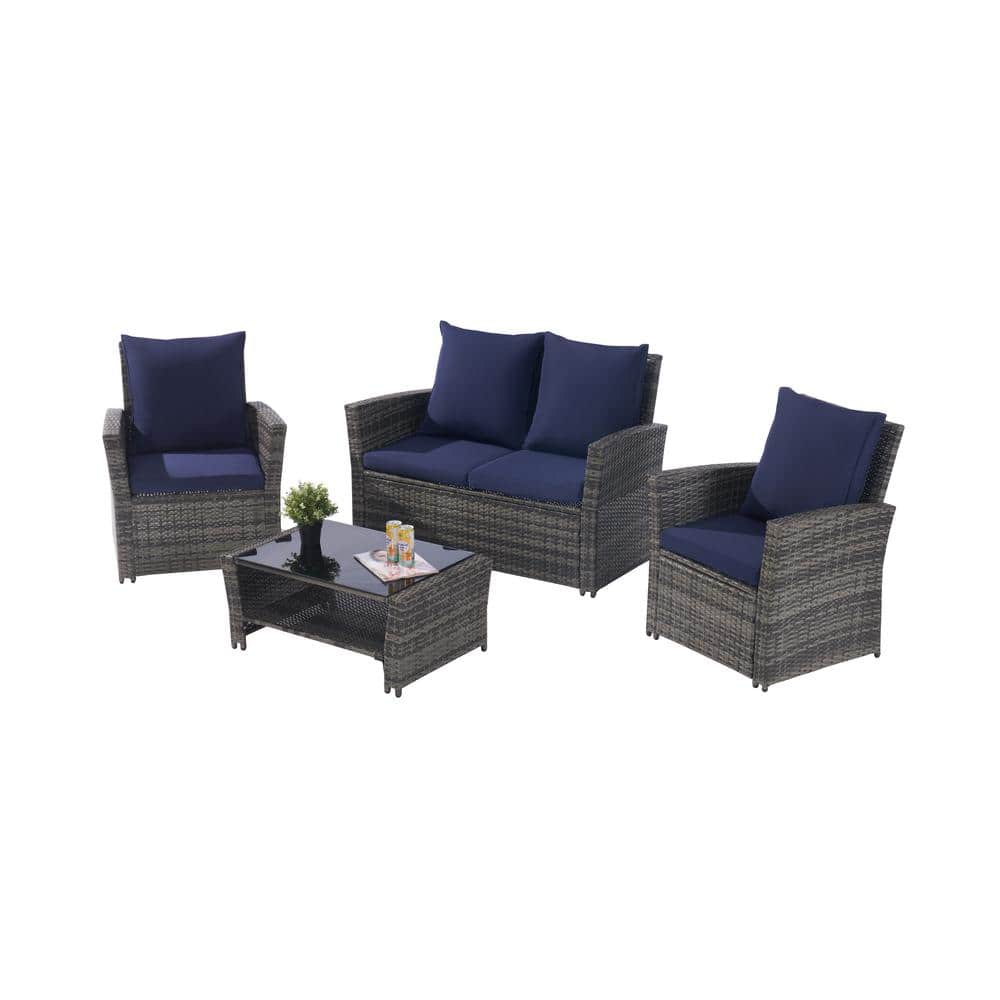 4-Piece Wicker Patio Conversation Set with Dark Blue Thick Cushion and Temp