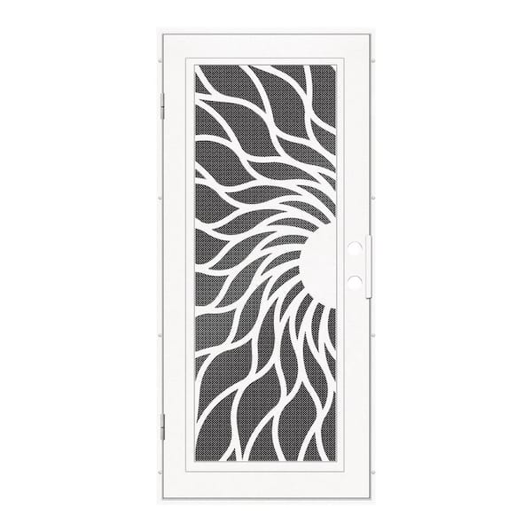 Unique Home Designs 36 in. x 80 in. Sunfire White Right-Hand Surface Mount Aluminum Security Door with Black Perforated Metal Screen