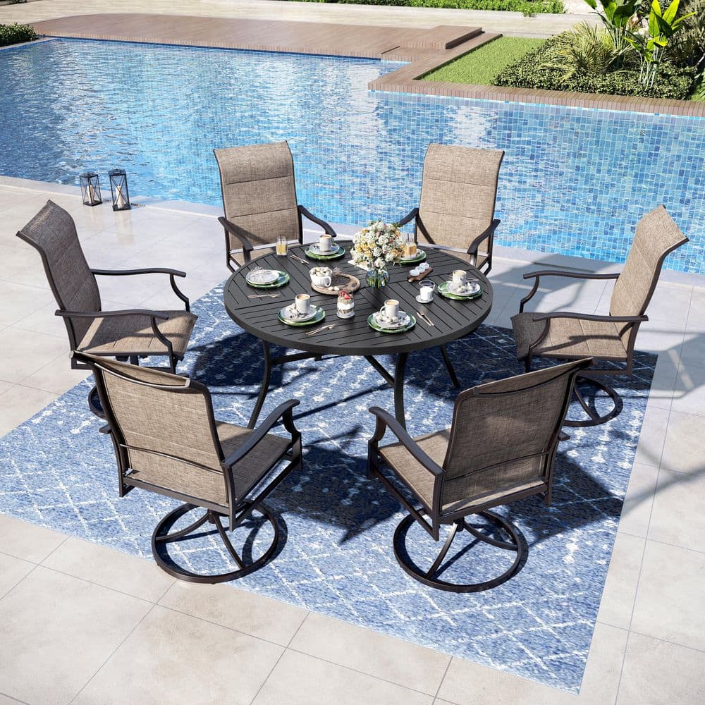 PHI VILLA 7-Piece Outdoor Patio Metal Round Dining Set with Padded ...