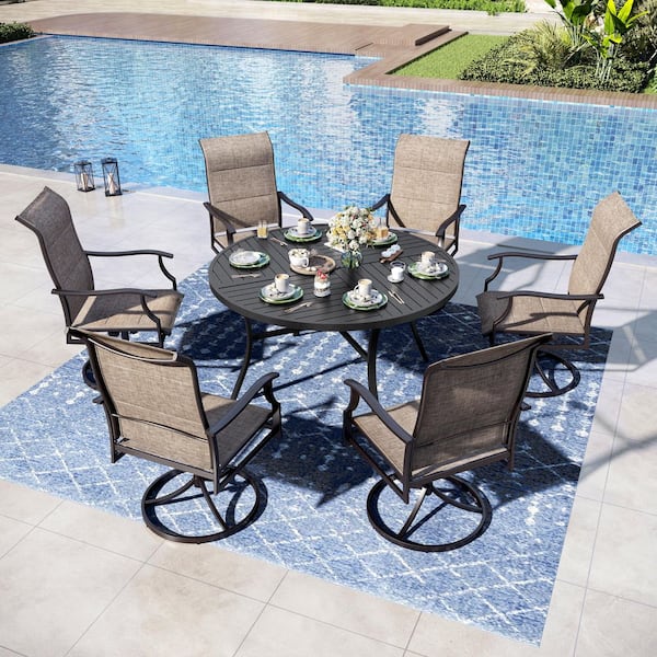 PHI VILLA 7-Piece Outdoor Patio Metal Round Dining Set with Padded Sling Swivel Chairs