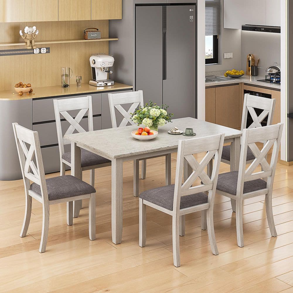 VECELO Gray Farmhouse Kitchen Table Set for 6 -7-Piece Wooden Dining Set, Rectangular Table with ...