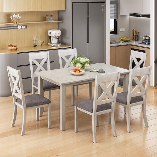 Gray Farmhouse Kitchen Table Set for 6 -7-Piece Wooden Dining Set, Rectangular Table with 6-Upholstered Chairs