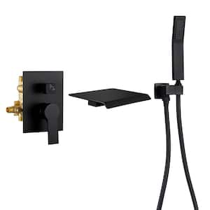 Single Handle Wall-Mount Roman Tub Faucet with Spray Hand Shower and Waterfall Spout in Matte Black