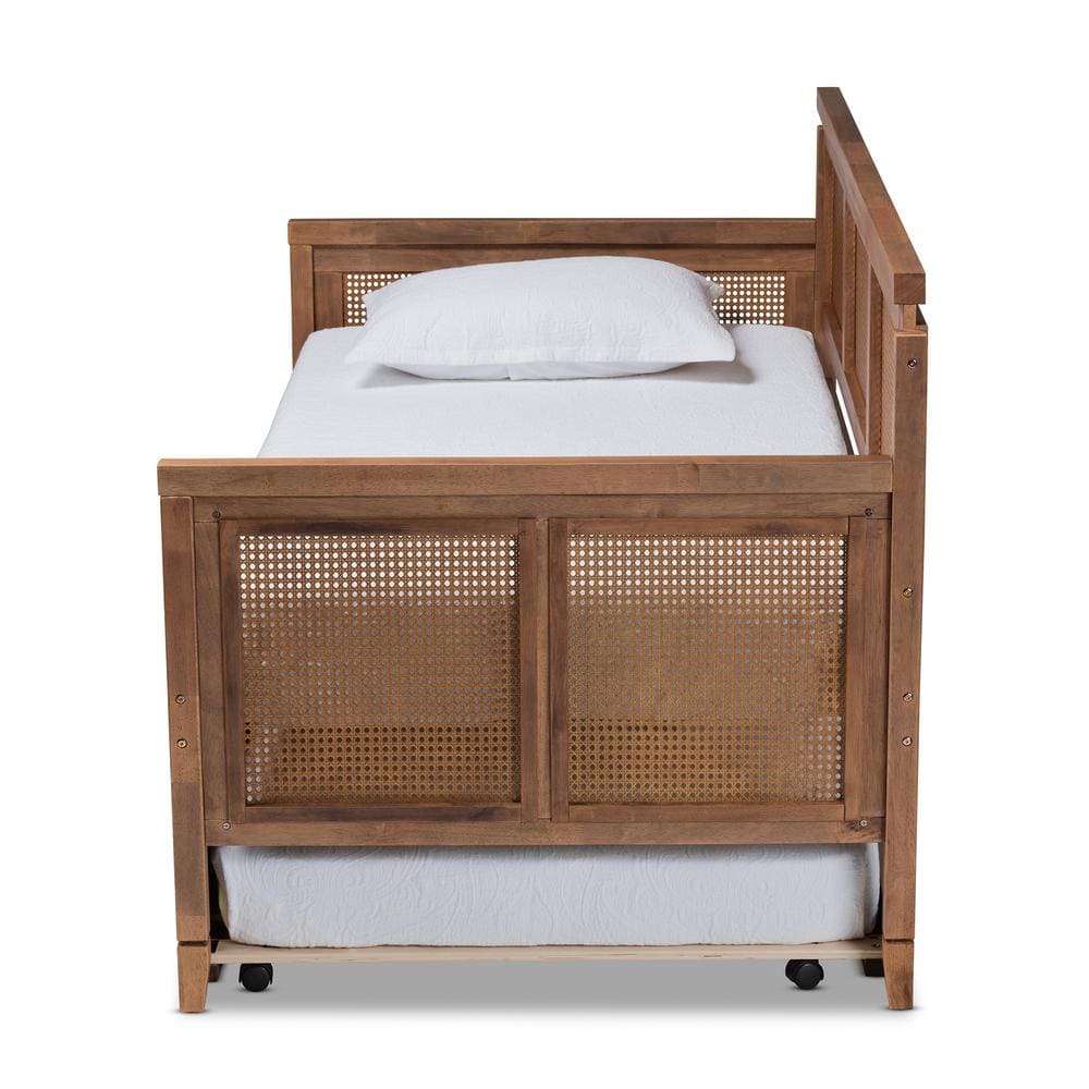 Walnut Wood and Rattan Twin Daybed with Trundle
