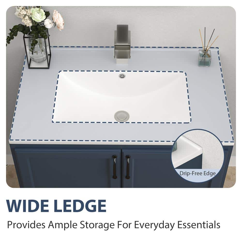 30 in. White Ceramic Rectangular Single Sink Bathroom Vanity Top