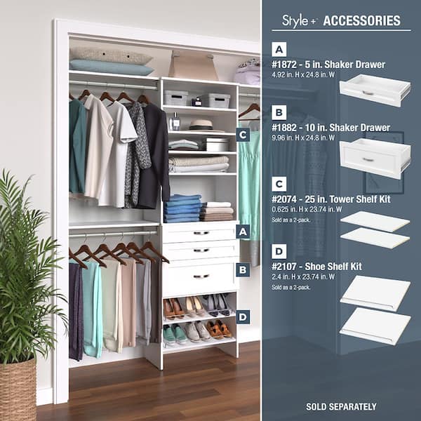 ClosetMaid Style+ 73.1 in W - 121.1 in W Coastal Teak Basic Wood Closet System Kit with Top Shelves and Modern Drawers