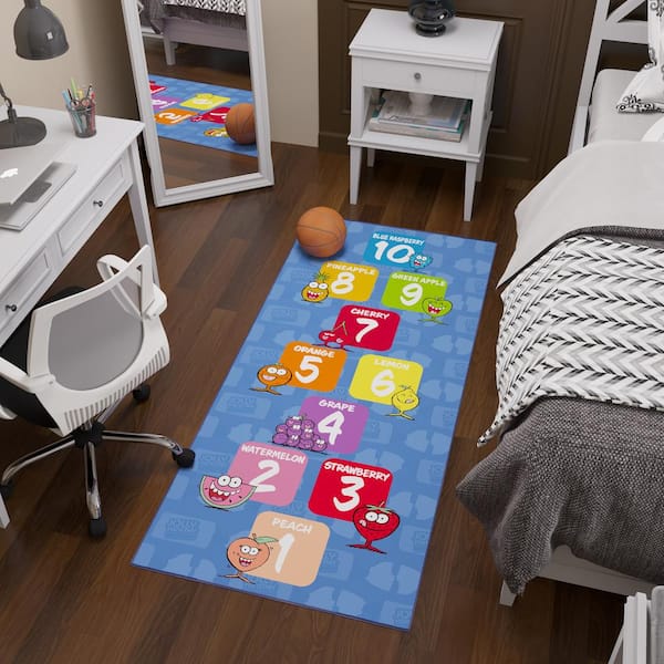 Jolly Rancher Kids Hopscotch 3 ft. x 6 ft. Non-Slip Runner Rug For Bedroom, Blue