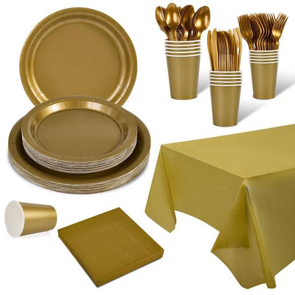 Disposable Gold Party Supplies Set for 24 Guests with Plates, Napkins, Cups, Utensils, and Tablecloth