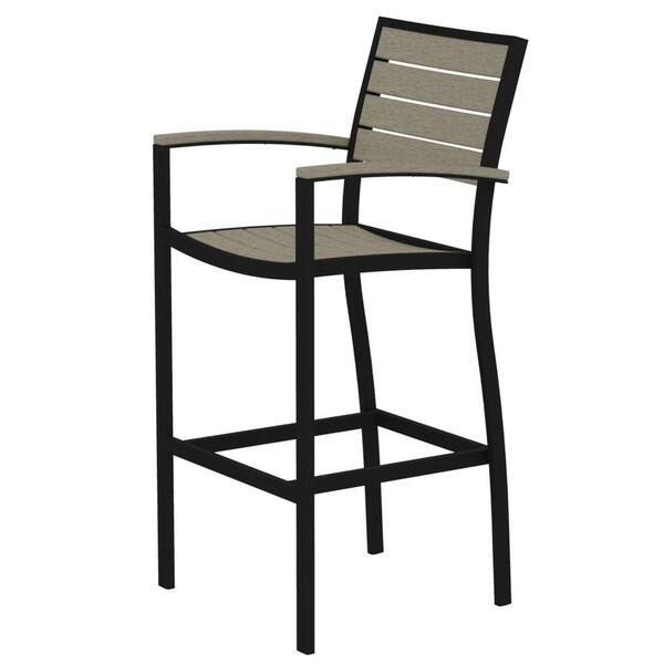 POLYWOOD Euro Textured Black All-Weather Aluminum/Plastic Outdoor Bar Arm Chair in Sand