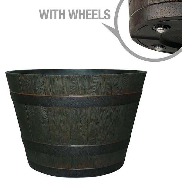 Southern Patio 22.5 in. Dia x 15 in. H 70 qt. Dark Brown High-Density Resin Whiskey Barrel Outdoor Planter with Wheels