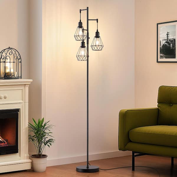 69 in. Black 3-Light Farmhouse Industrial Dimmable Tree Floor Lamp with Hanging Elegant Cage Shades, Bulbs Included