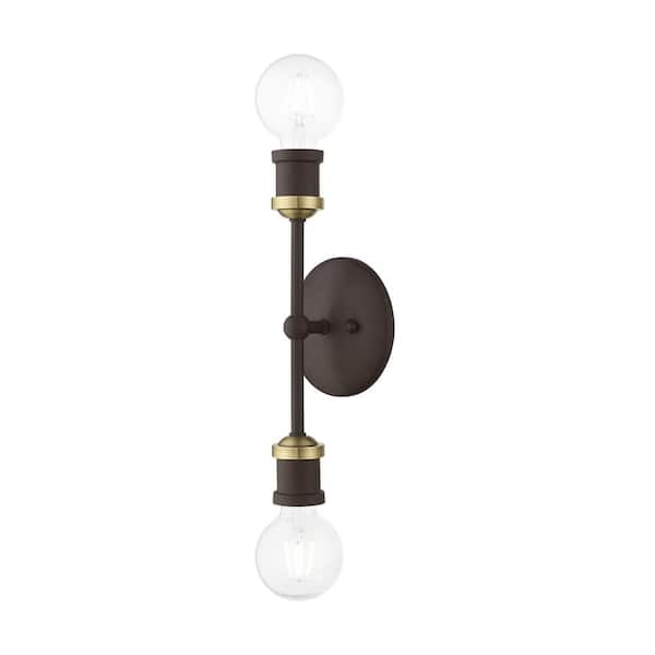 Livex Lighting Beckford 12 in. 2-Light Bronze ADA Vanity Sconce with Antique Brass Accents