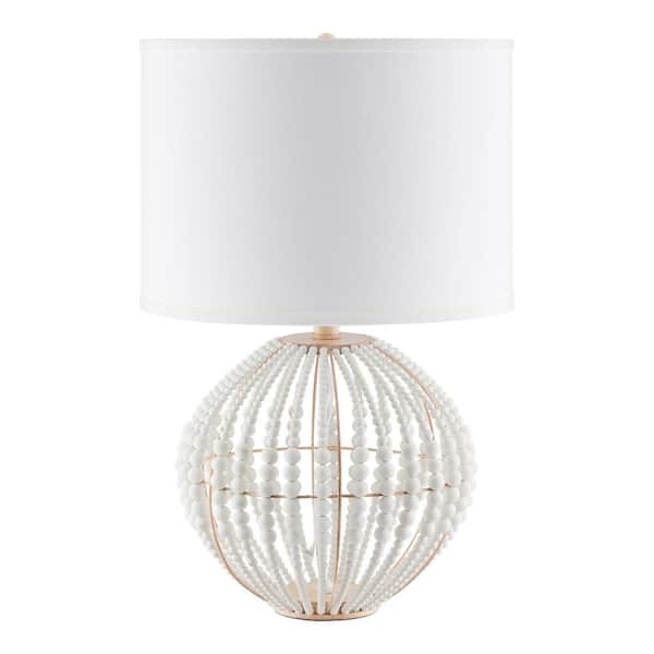 Cayman 21.875 in. 1-Light White Beaded Table Lamp with Fabric Drum Shade
