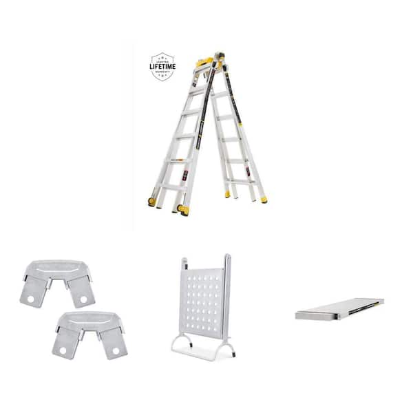26 ft. Aluminum Ladder, Rail Brackets, Step Platform (375 lbs), and 6 ft to 14 ft Scaffold Plank Combo