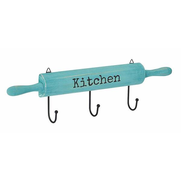 AdirHome 19 in. Wood Wall Mounted Kitchen Rack with 3 Hook in Blue