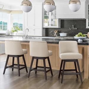 Zoi 26 in. Wood 360 Free Swivel Upholstered Bar Stool with Back, Performance Fabric in Linen. (Set of 3)