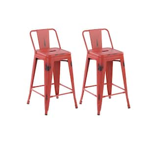 VUSTU 24 in. Kitchen Counter Height Red Metal Bar Stools with square Seats and Removable Backrest, Set of 2