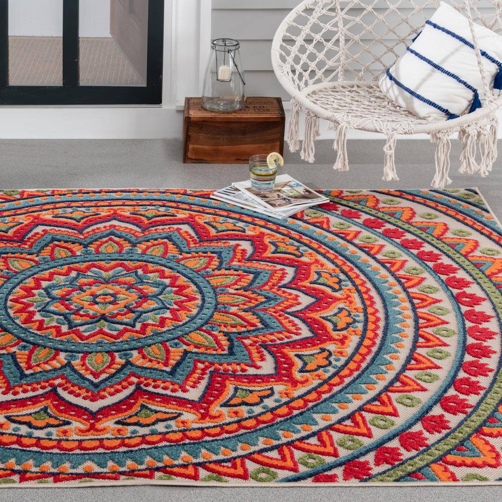 Ashton woods Katamartin 5’3” x 7’ Red Medallion Woven Outdoor Polypropylene Area Rug