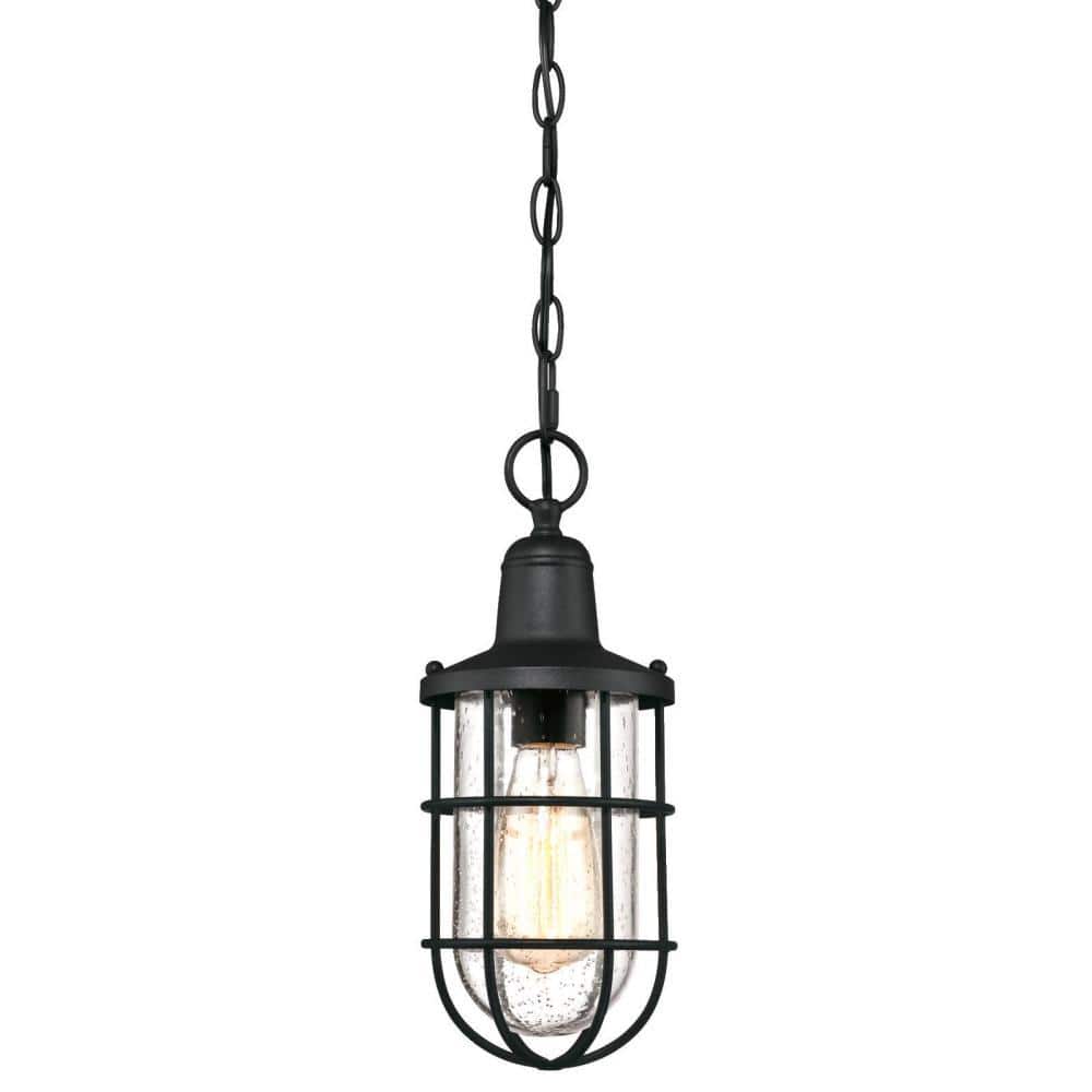 Westinghouse Lighting 6358900 Armin One-Light Textured Black Finish with Barnwood Accents and Clear Seeded Glass Outdoor Pendant 