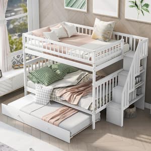 White Full Over Full Bunk Bed with Trundle and Staircase